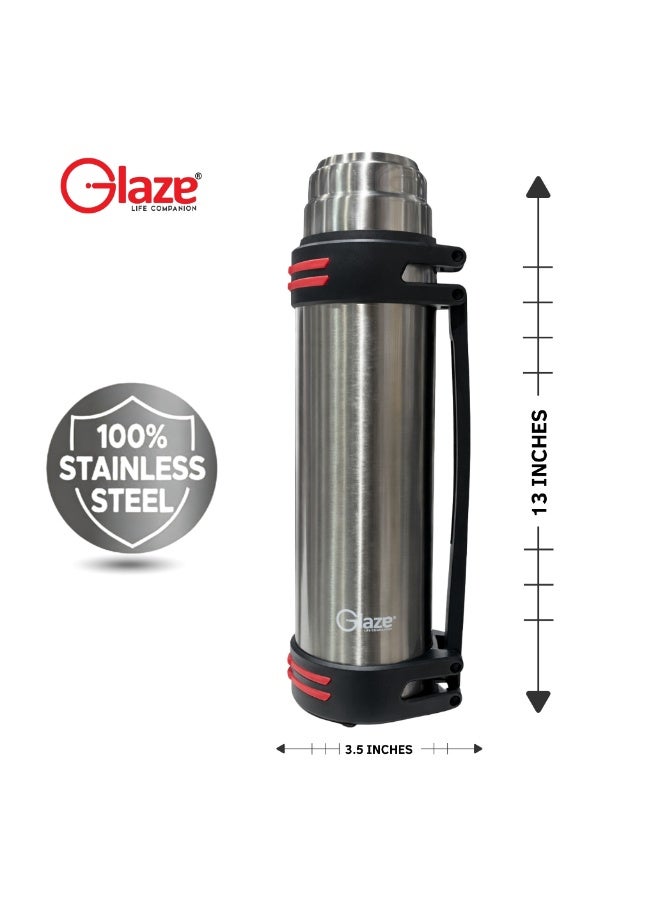 جليز قارورة ماء من الستانلس ستيل بسعة 1.2 لتر بعزل فراغي، ترمس للمشروبات الساخنة والباردة، كوب سفر مانع للتسرب، قارورة محمولة للقهوة والشاي للمكتب، السيارة، الصالة الرياضية والنشاطات الخارجية – فضي - Image 3